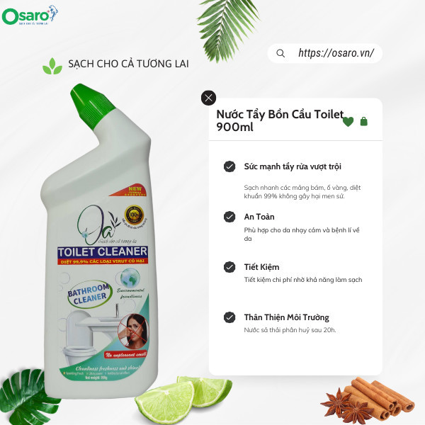Nước tẩy rửa bồn cầu nhà tắm OSARO hữu cơ sinh học thơm lâu không hóa chất TOILET CLEANER OA 900g